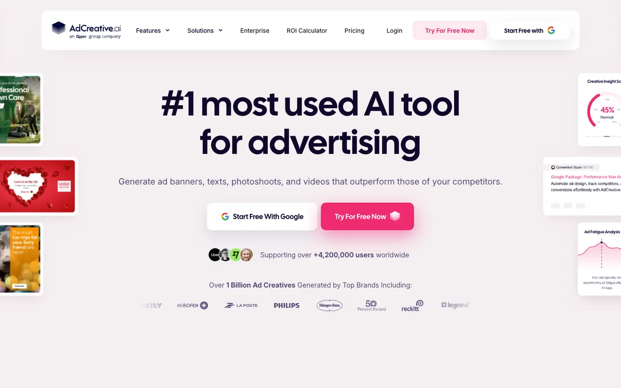 Page d'accueil du site AdCreative AI
