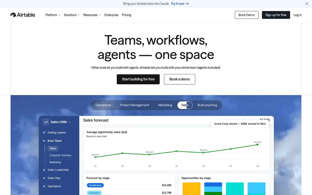 Page d'accueil du site Airtable