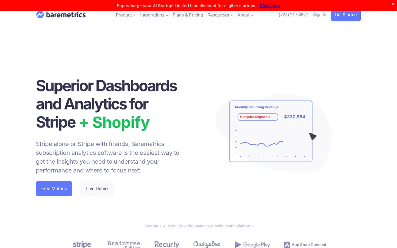 Page d'accueil du site Baremetrics