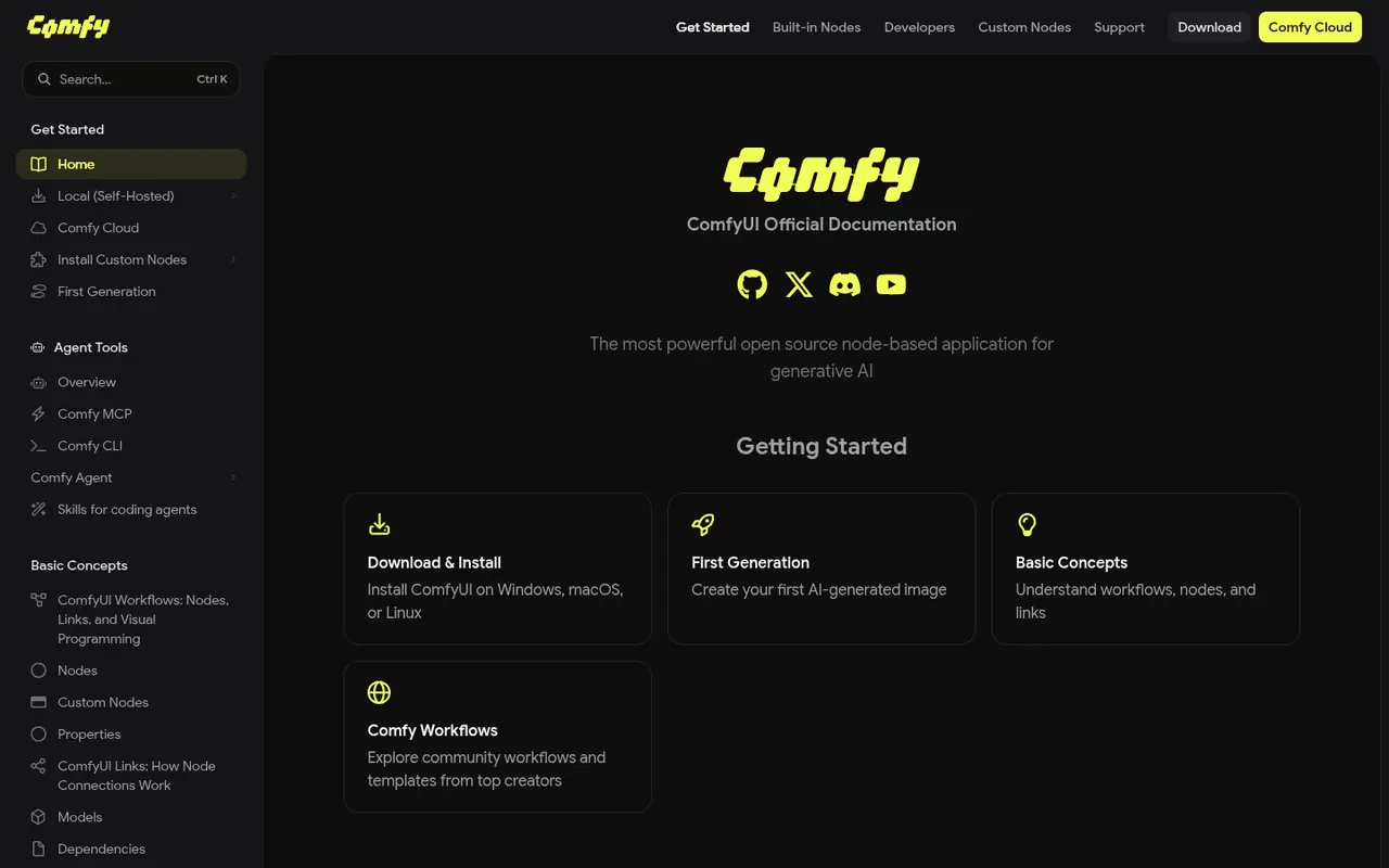 Page d'accueil du site ComfyUI
