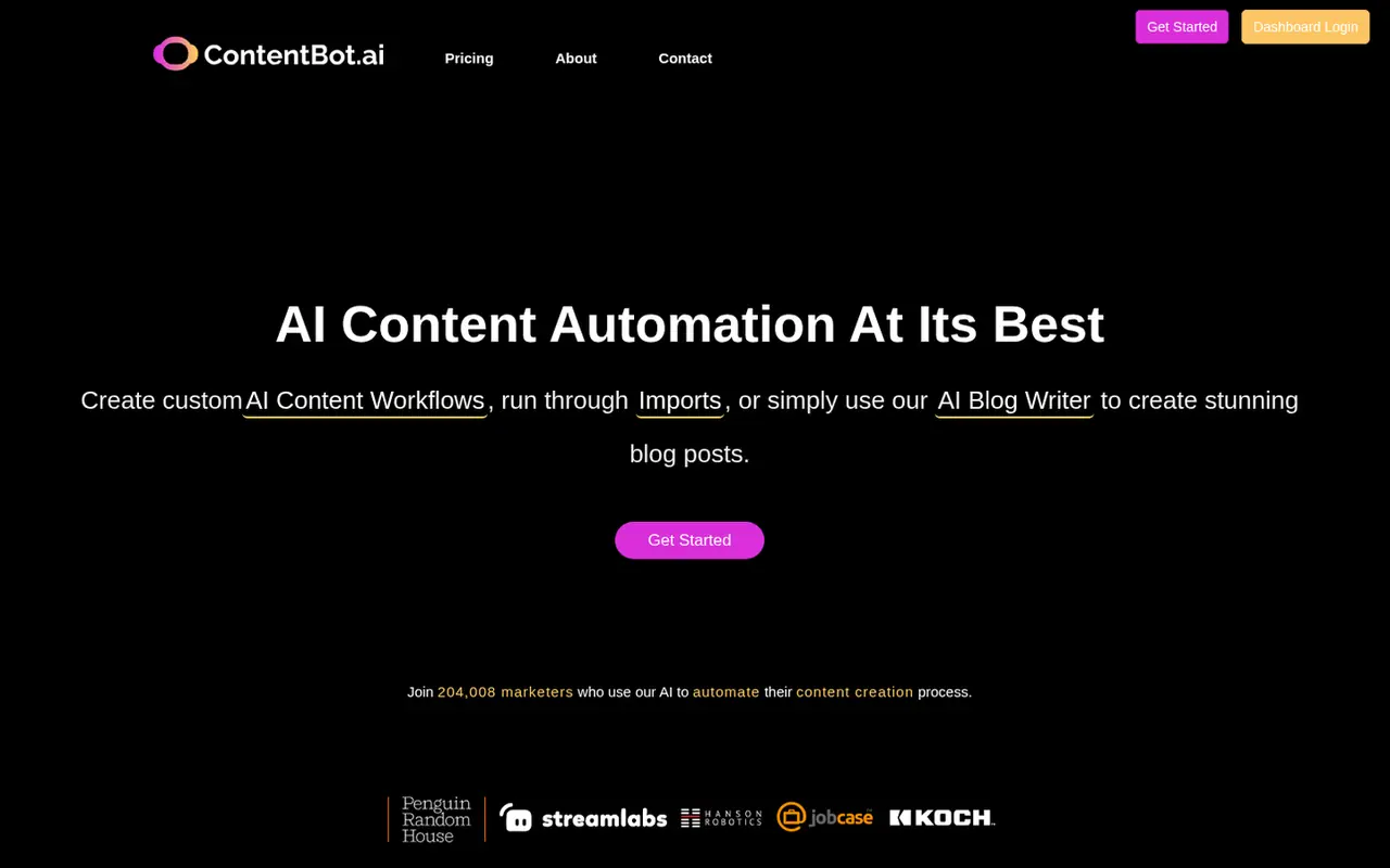 Page d'accueil du site ContentBot
