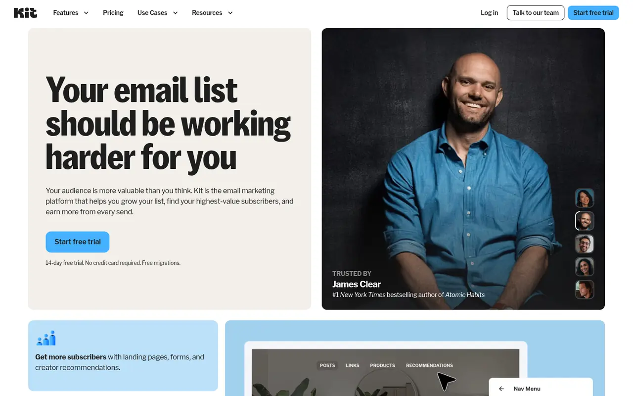 Page d'accueil du site Kit (ConvertKit)