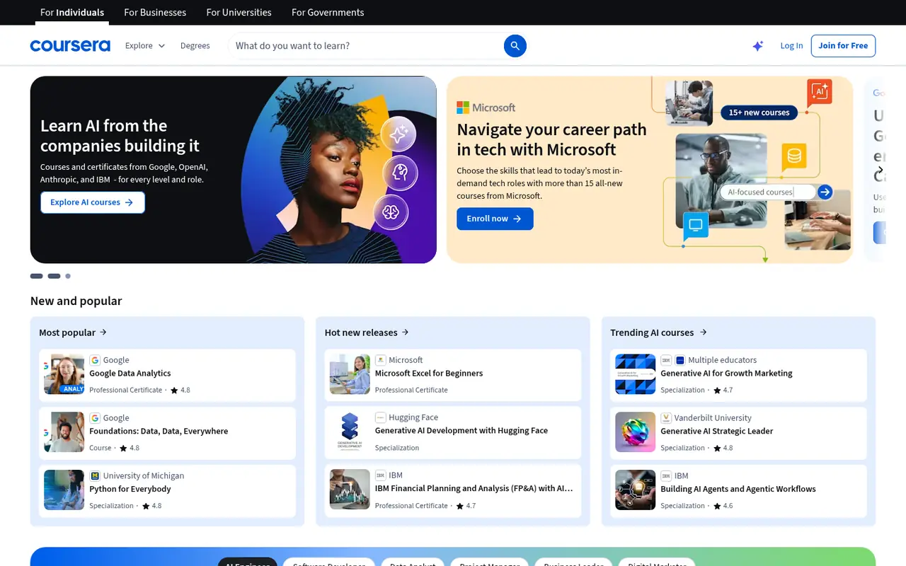 Page d'accueil du site Coursera