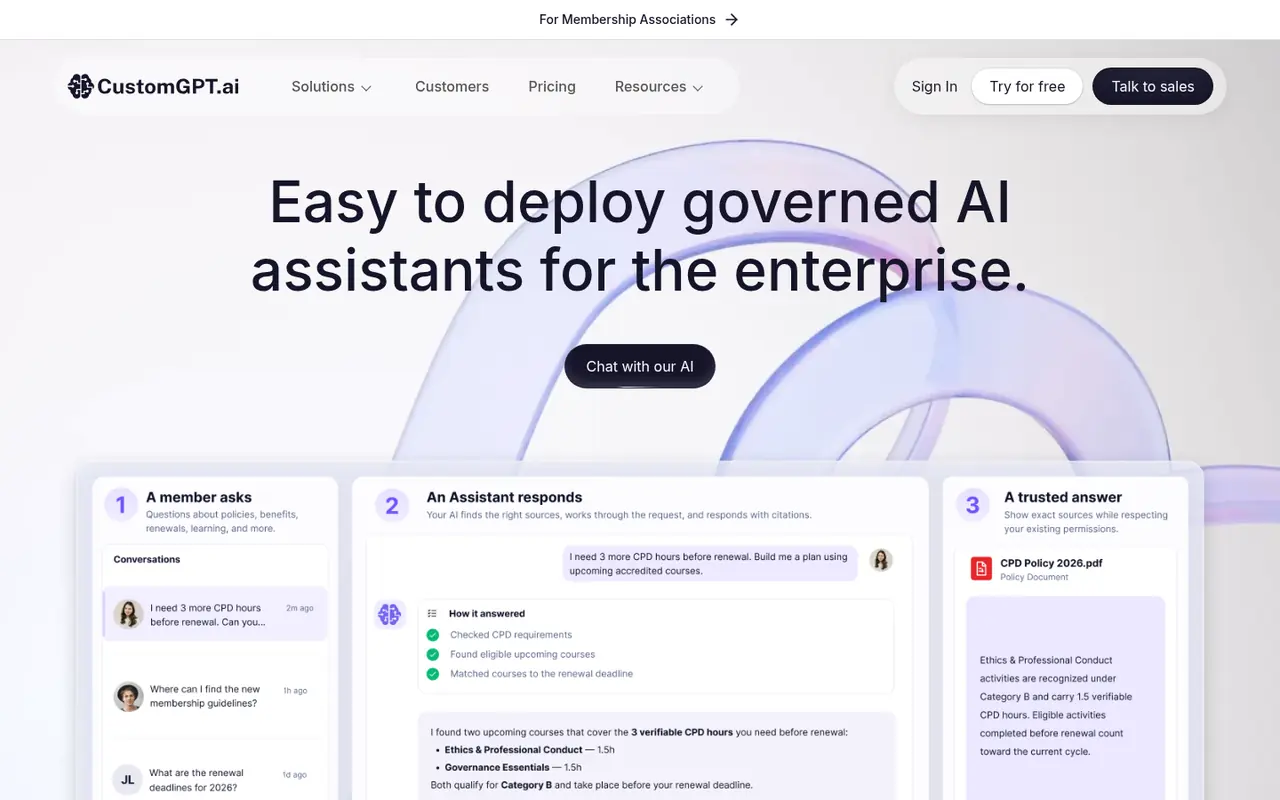 Page d'accueil du site CustomGPT