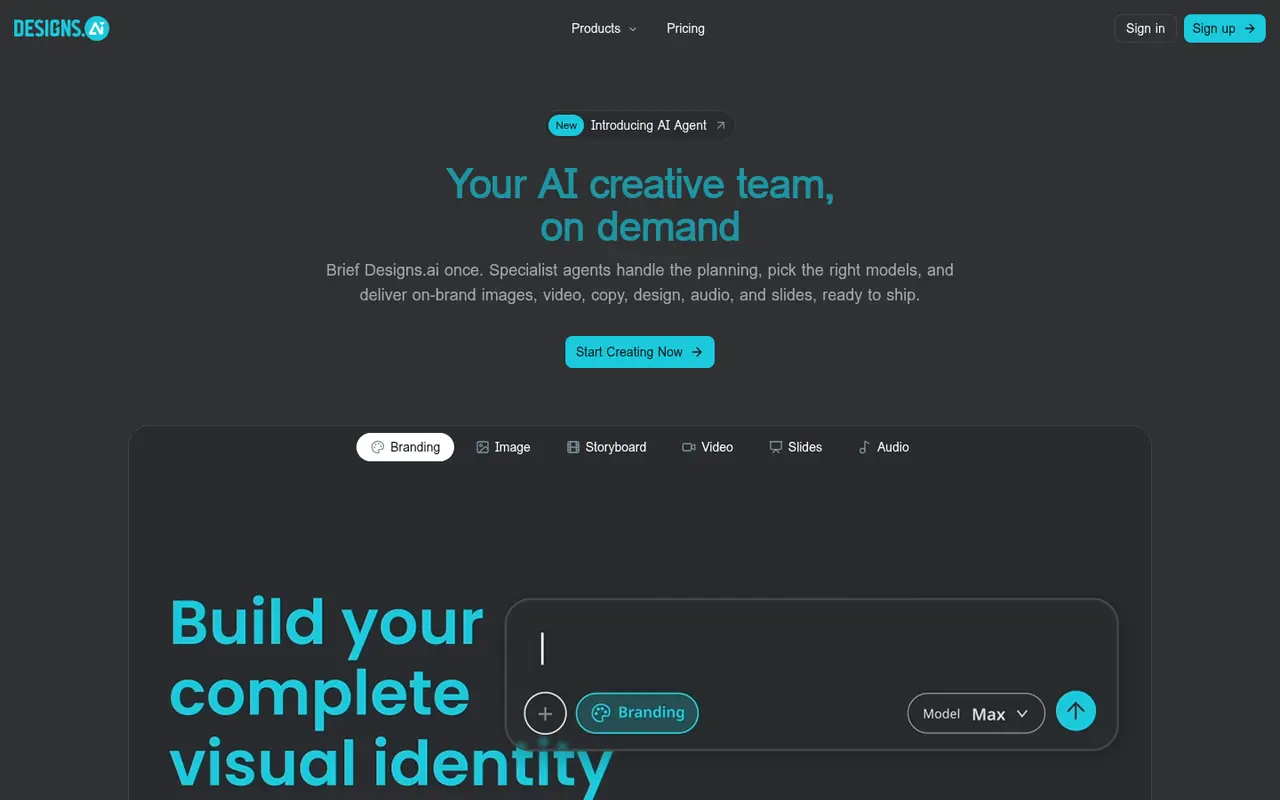 Page d'accueil du site Designs.ai
