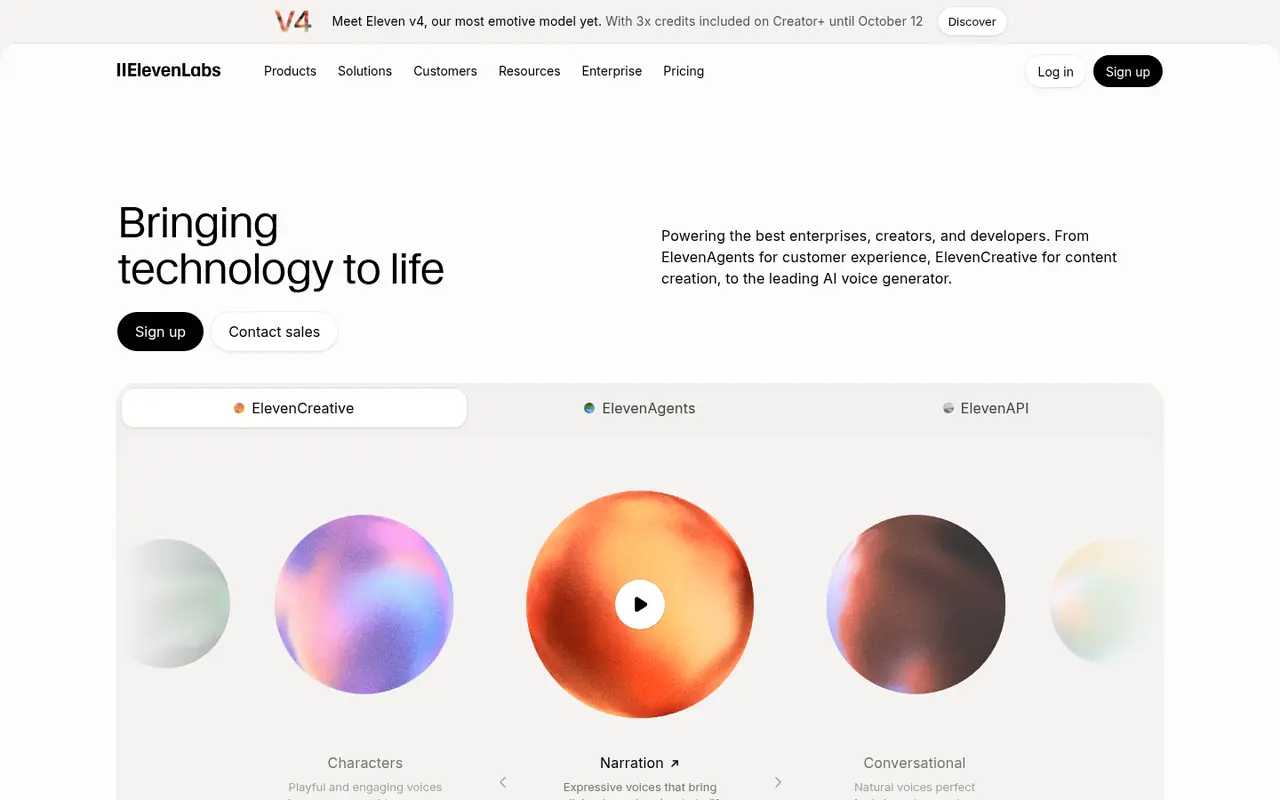 Page d'accueil du site ElevenLabs