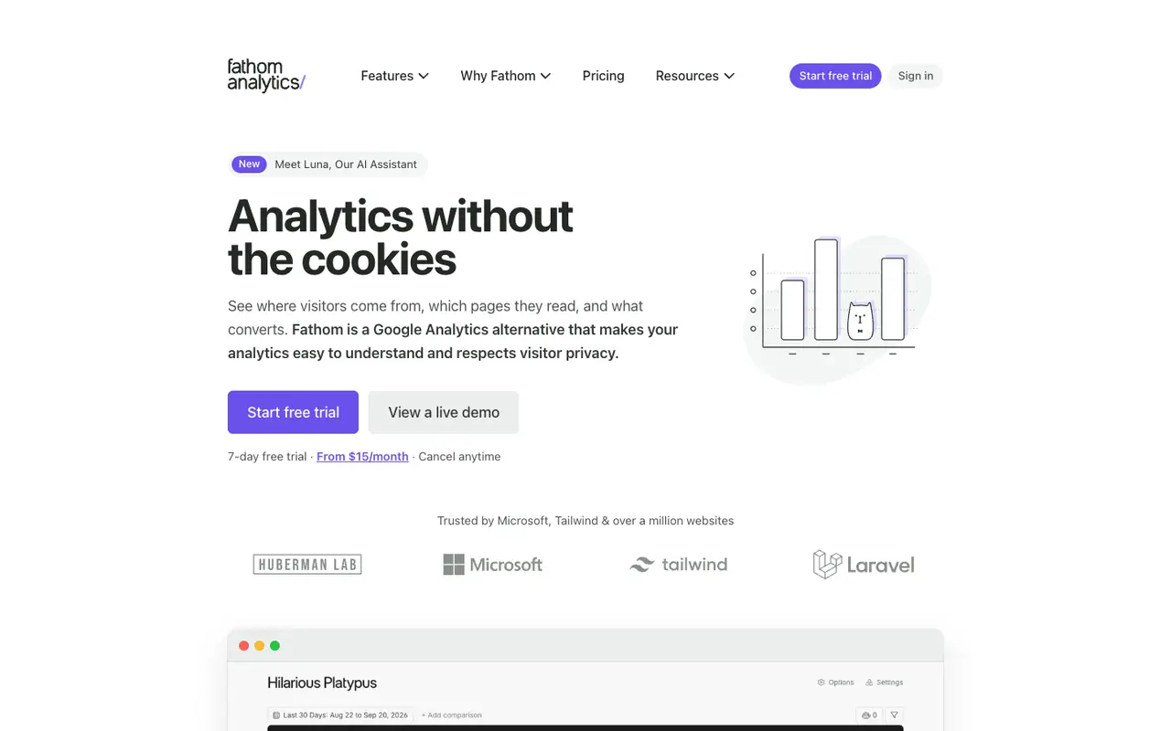 Page d'accueil du site Fathom Analytics