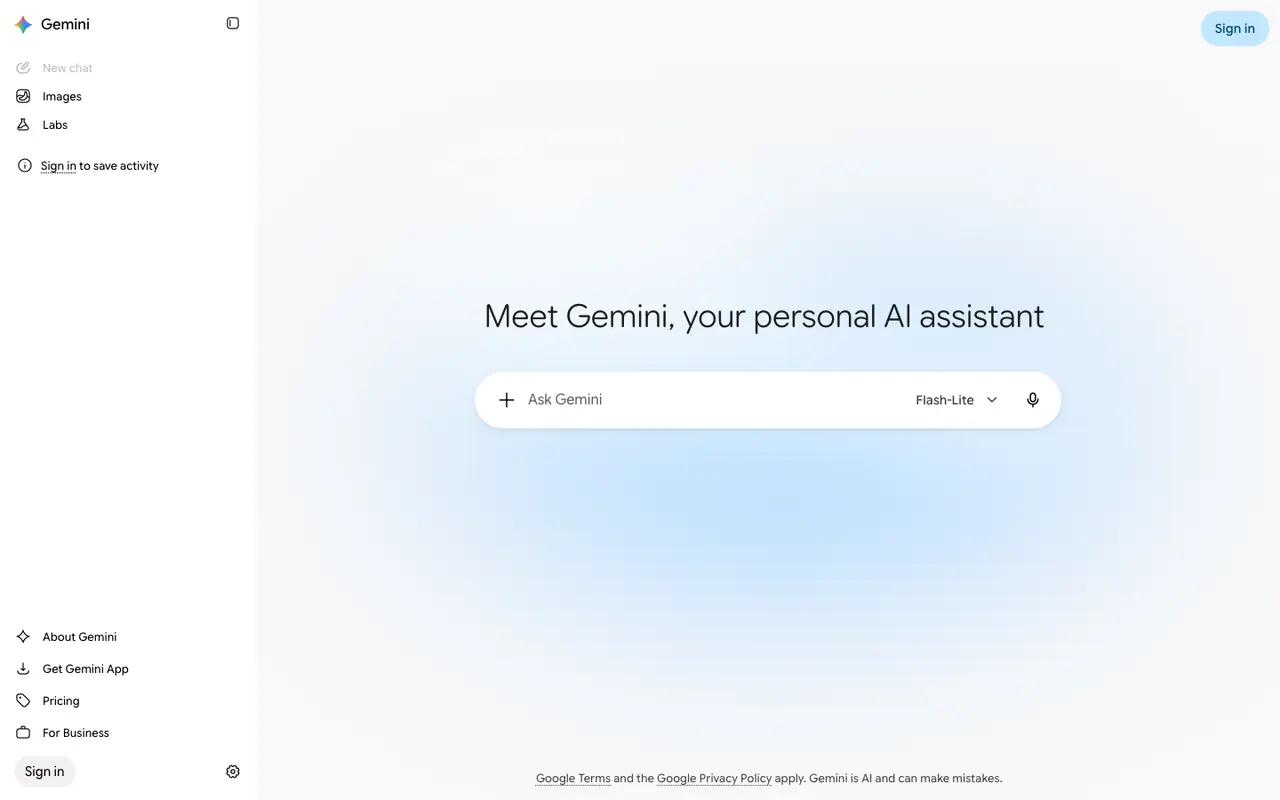 Page d'accueil du site Google Gemini