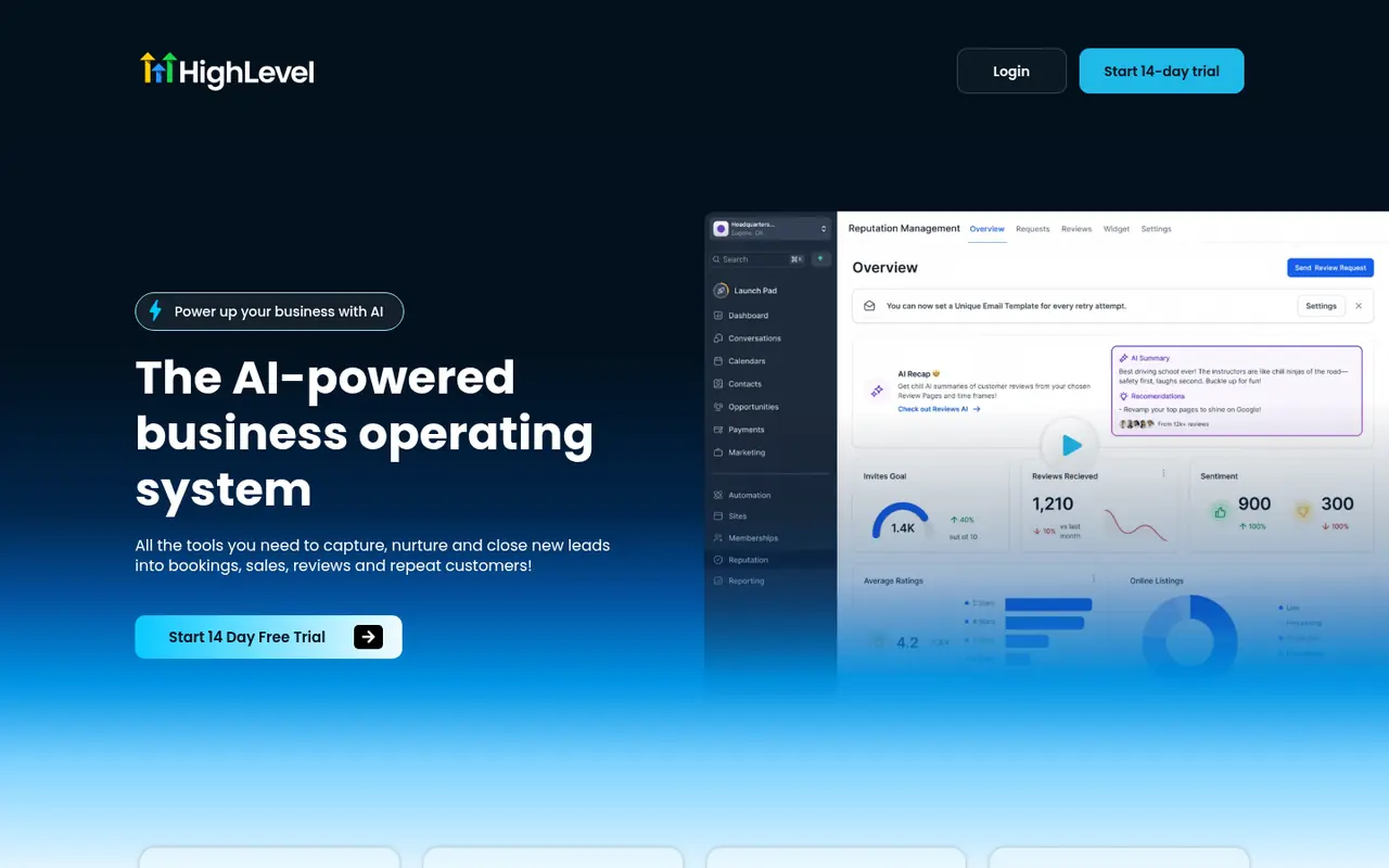Page d'accueil du site GoHighLevel