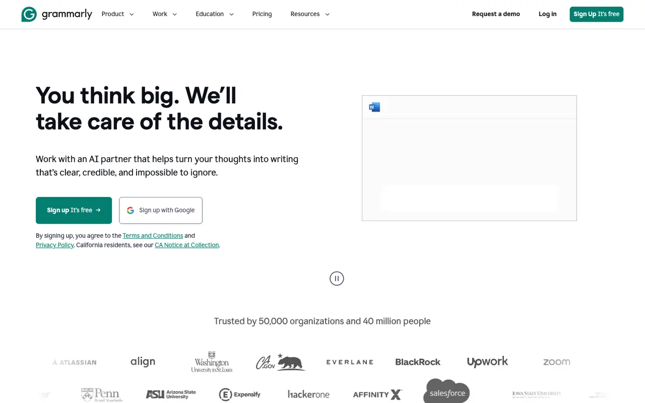 Page d'accueil du site Grammarly