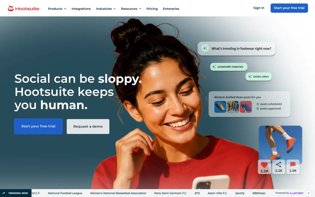 Page d'accueil du site Hootsuite