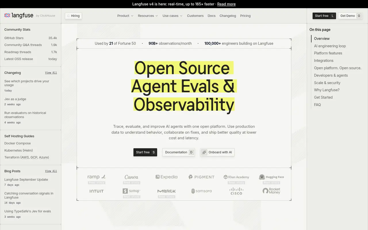 Page d'accueil du site Langfuse