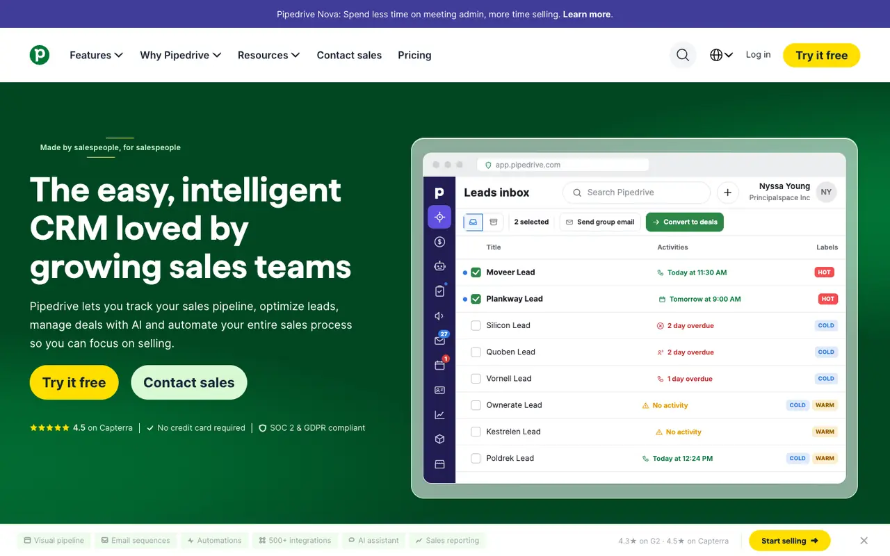 Page d'accueil du site Pipedrive