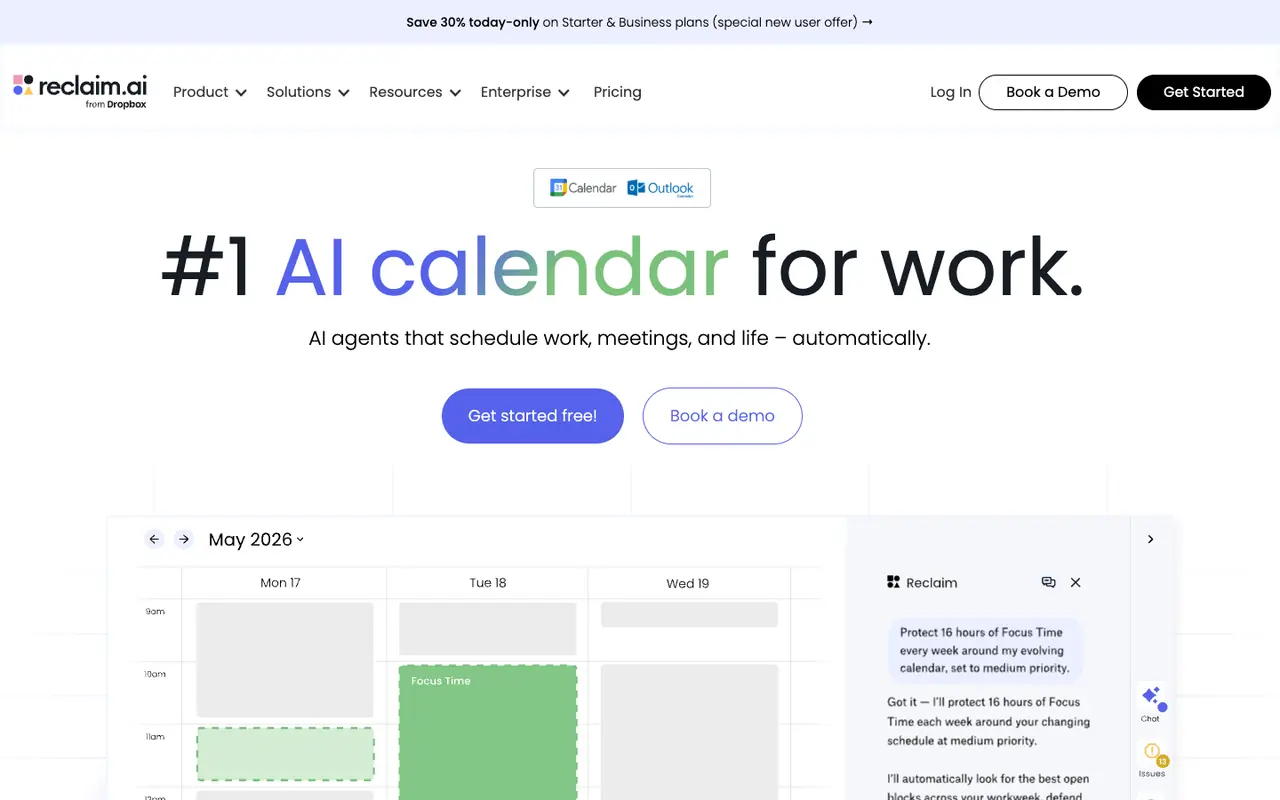 Page d'accueil du site Reclaim.ai
