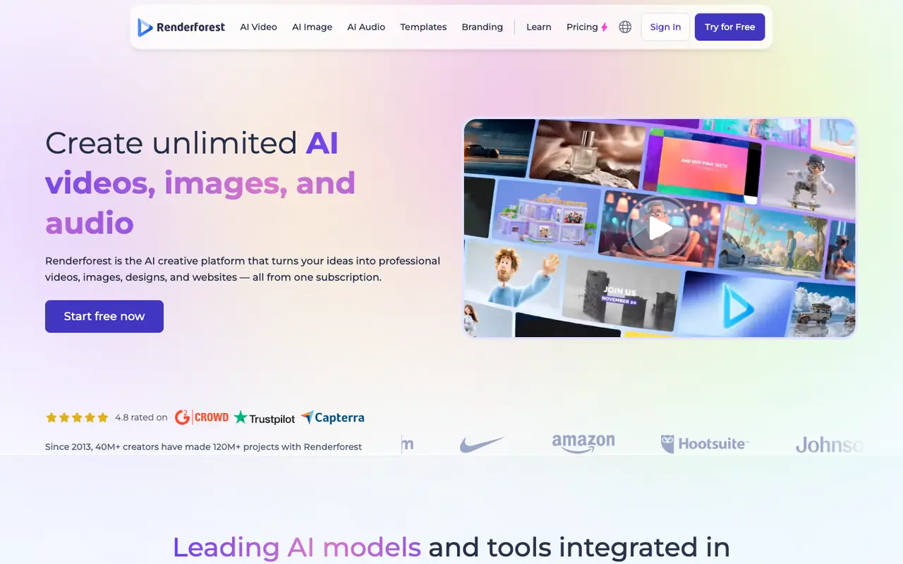 Page d'accueil du site Renderforest