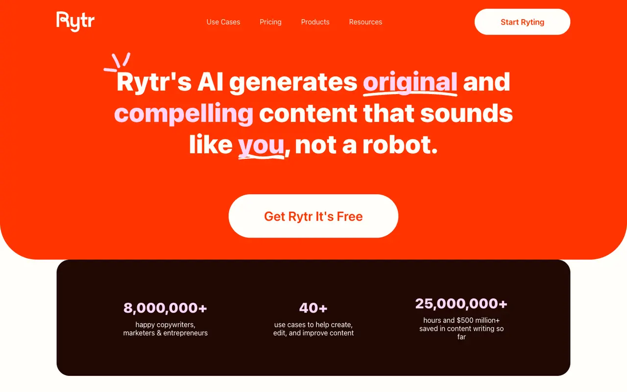 Page d'accueil du site Rytr