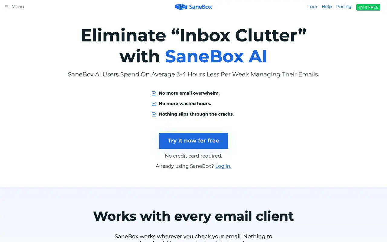 Page d'accueil du site SaneBox