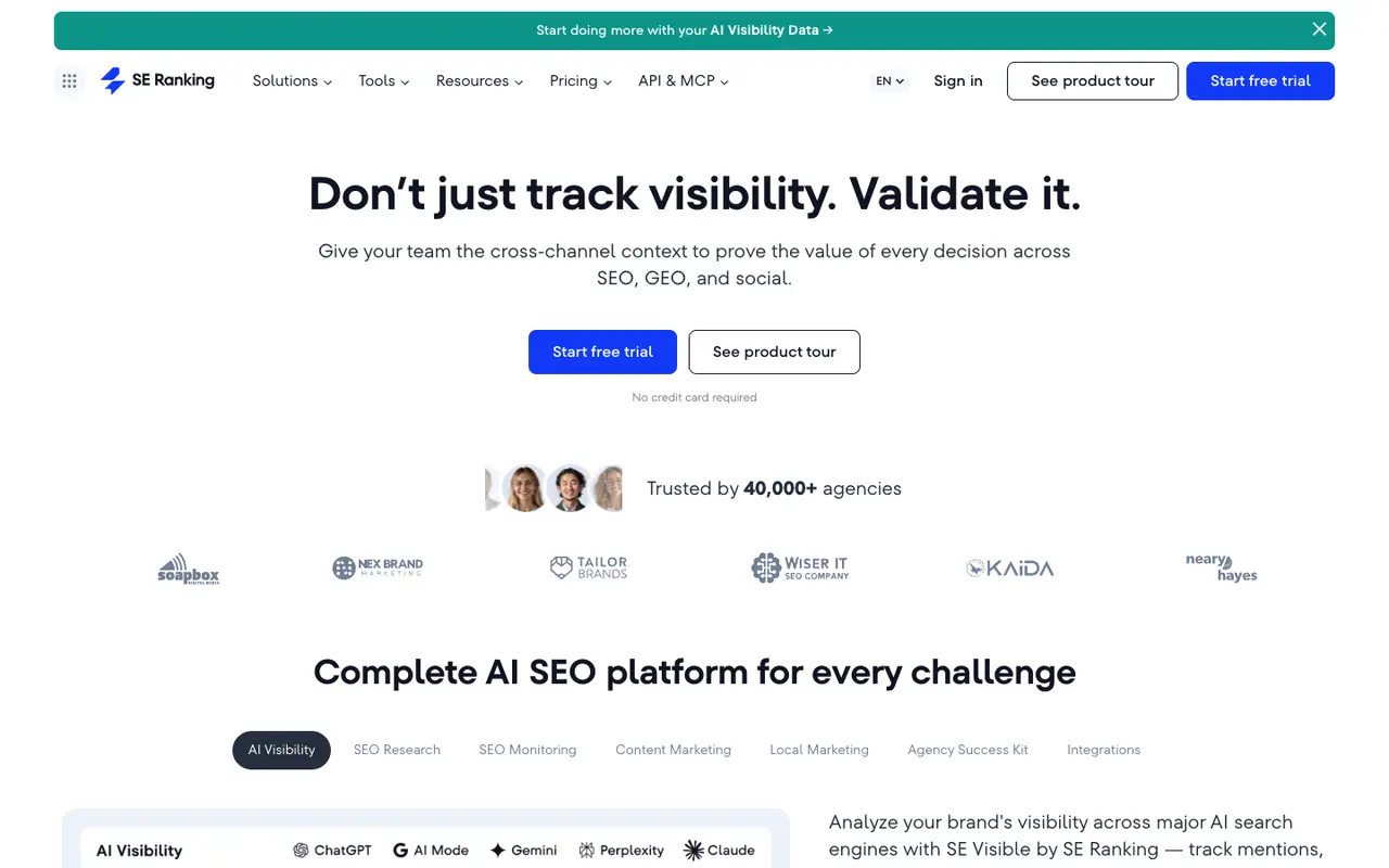 Page d'accueil du site SE Ranking