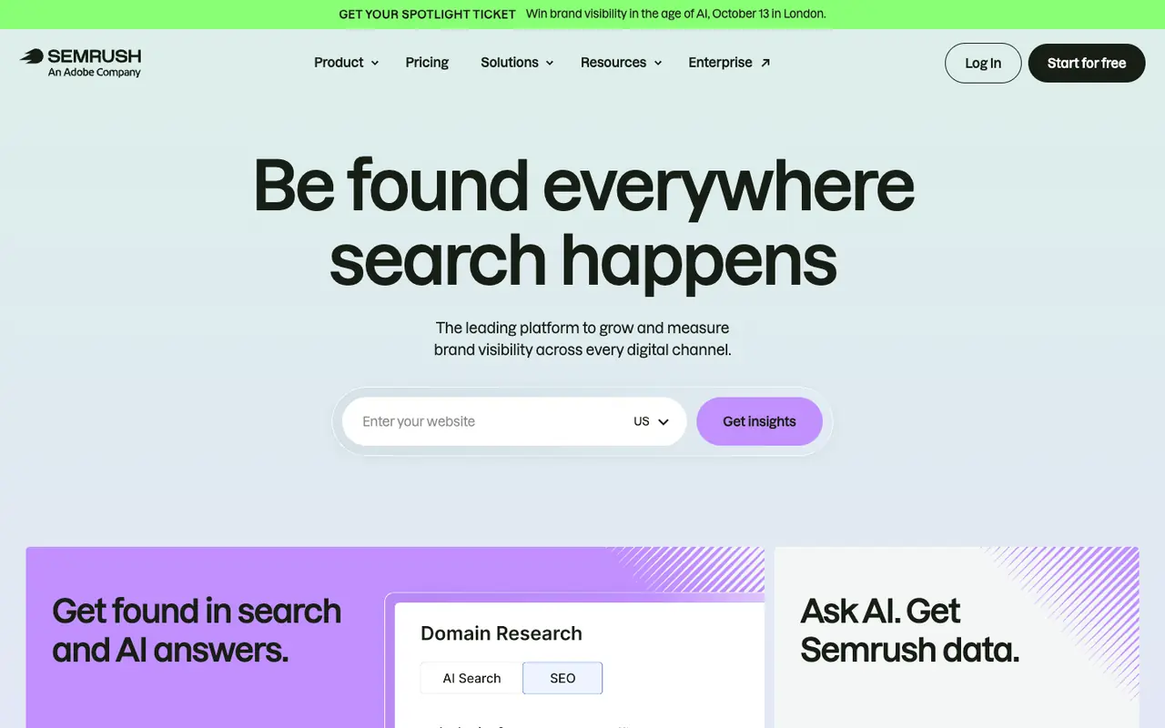 Page d'accueil du site Semrush