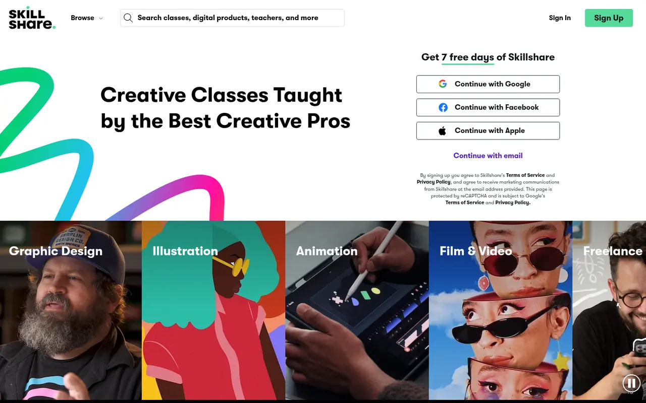 Page d'accueil du site Skillshare