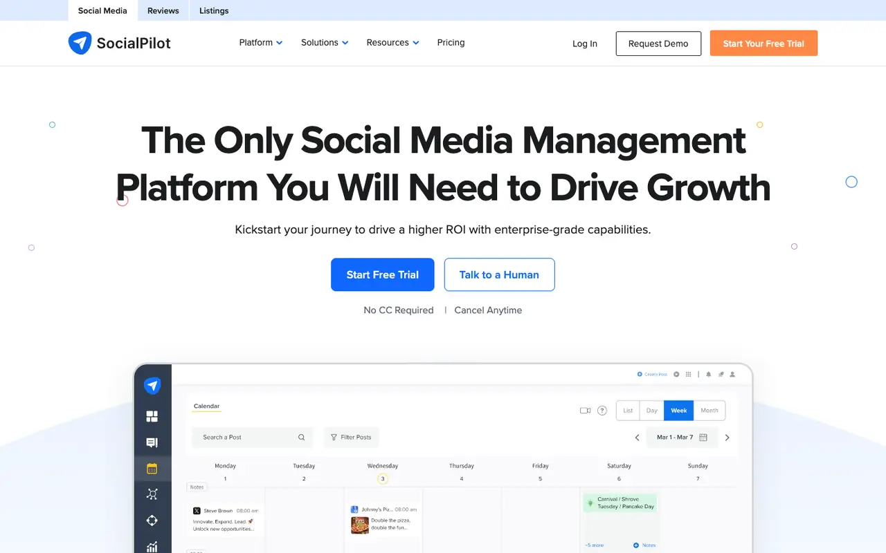 Page d'accueil du site SocialPilot