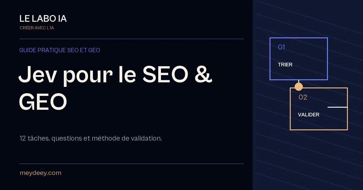 Jev pour le SEO et le GEO, avec les étapes trier et valider
