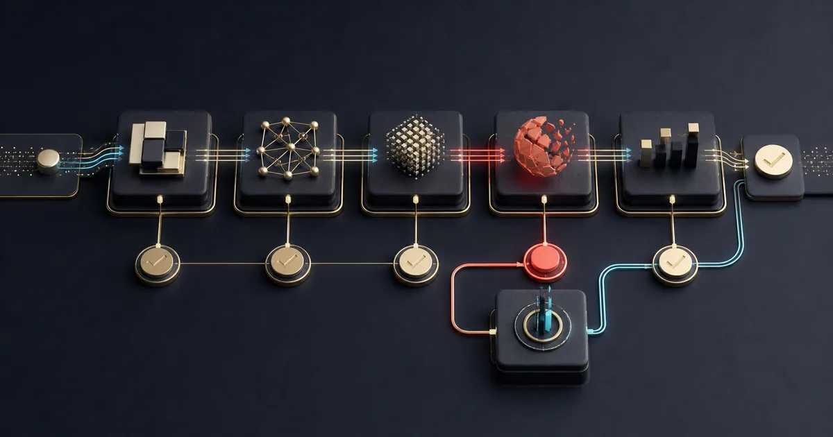 Workflow IA instrumenté avec points de contrôle, anomalie détectée et route de reprise