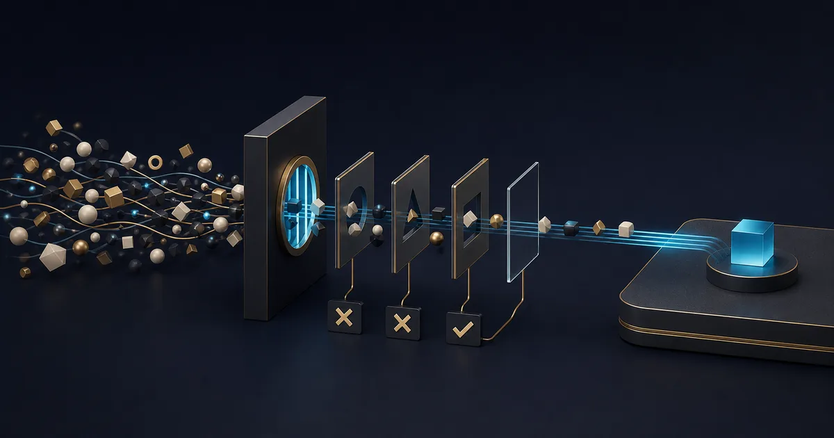 Flux métier désordonné filtré par des portes de décision avant son automatisation