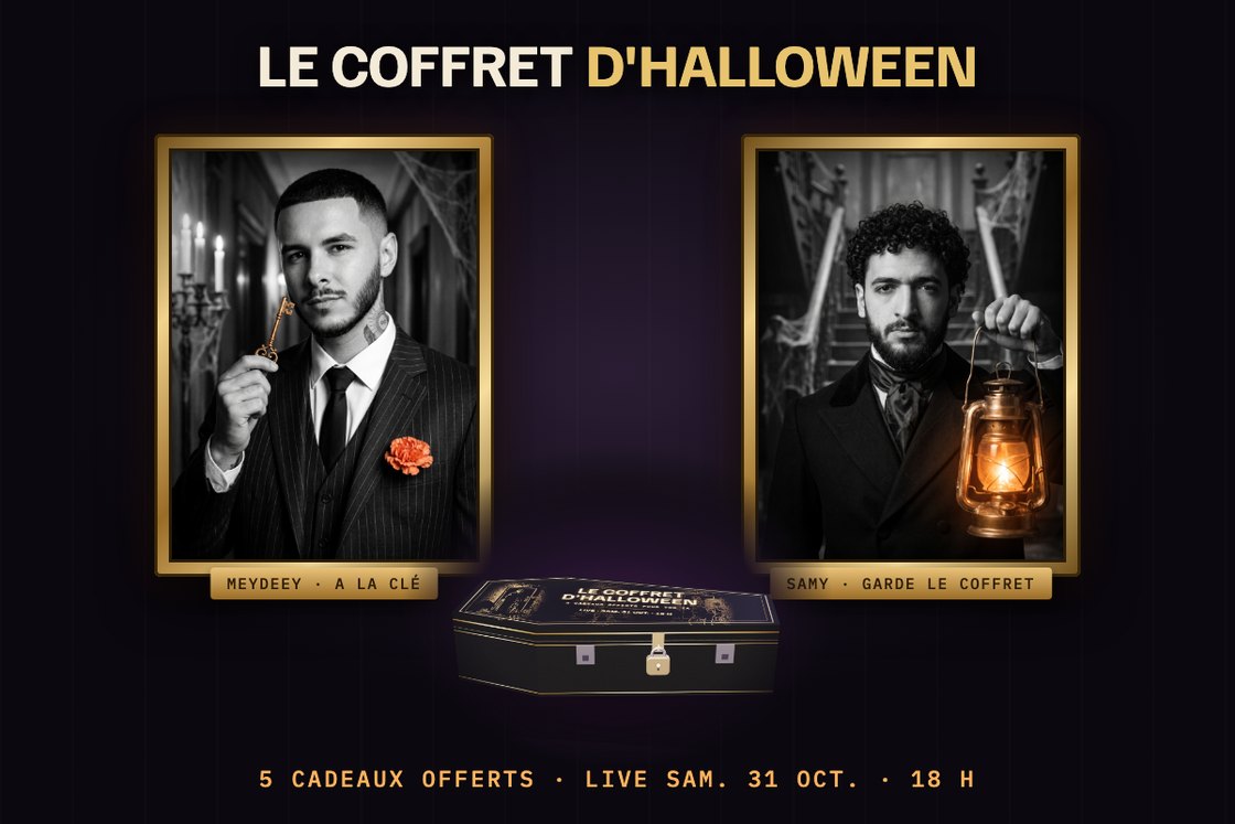 Meydeey, qui a la clé, et Samy, qui garde le coffret, en portraits noir et blanc d’Halloween, avec le coffret noir et or fermé par un cadenas