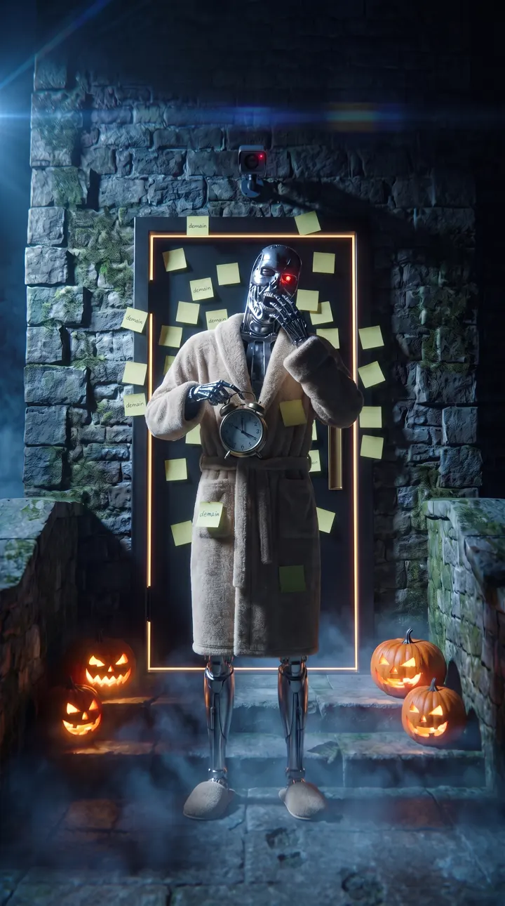 Le Procrastinator, robot chromé à l’œil rouge, en peignoir et chaussons, un réveil à la main, des post-it « demain » sur la porte.