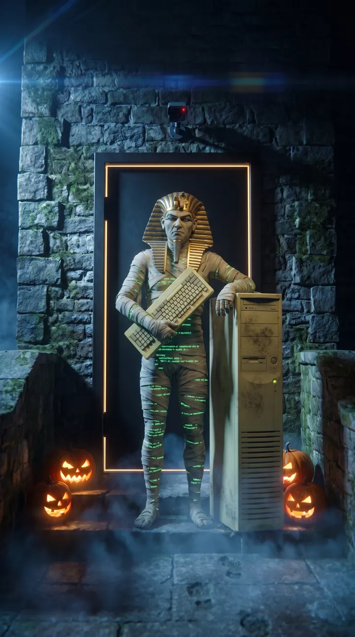 Toutancode, momie de pharaon aux bandelettes imprimées de code, appuyée sur un sarcophage en tour d’ordinateur.