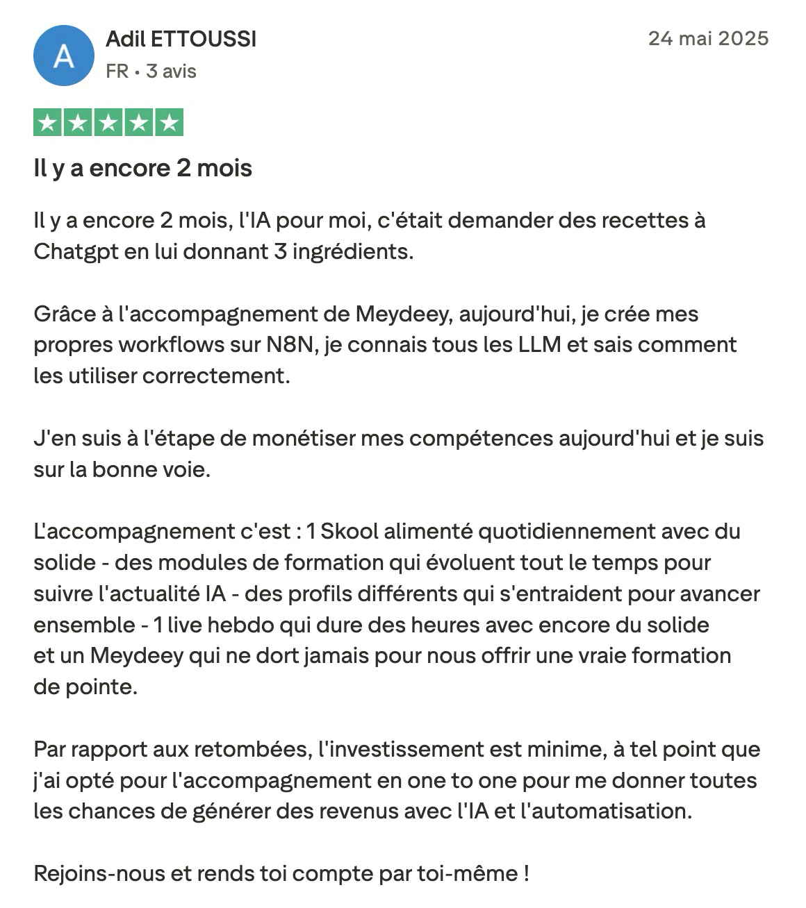 Avis Trustpilot de Adil ETTOUSSI sur développer ses compétences au LABO IA