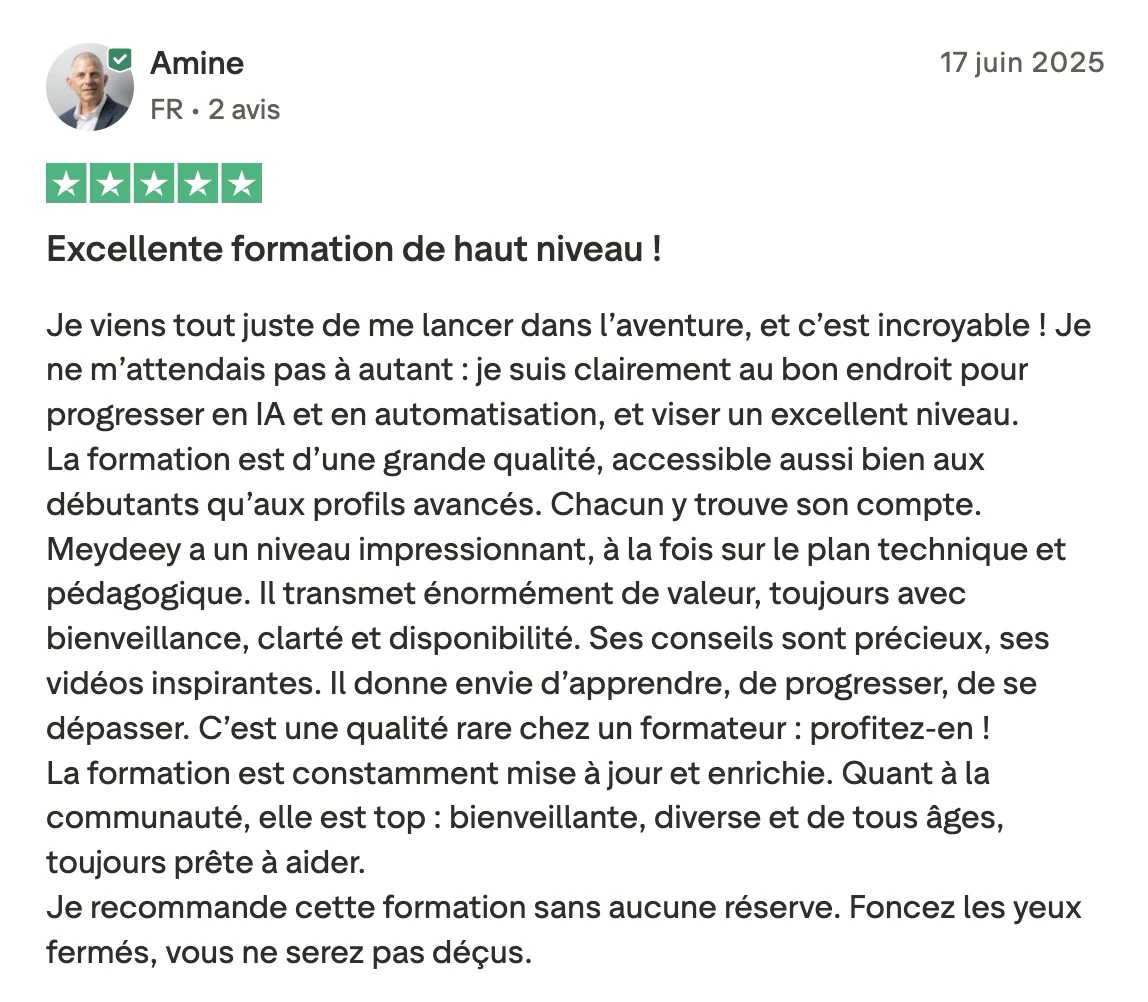 Avis Trustpilot de Amine sur débuter et progresser au LABO IA