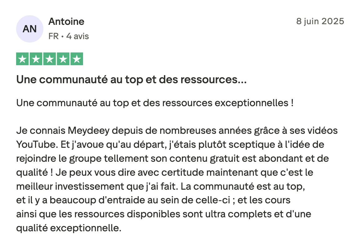 Avis Trustpilot de Antoine sur l’entraide entre membres au LABO IA
