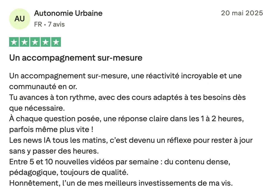 Avis Trustpilot de Autonomie Urbaine sur progresser à son rythme au LABO IA