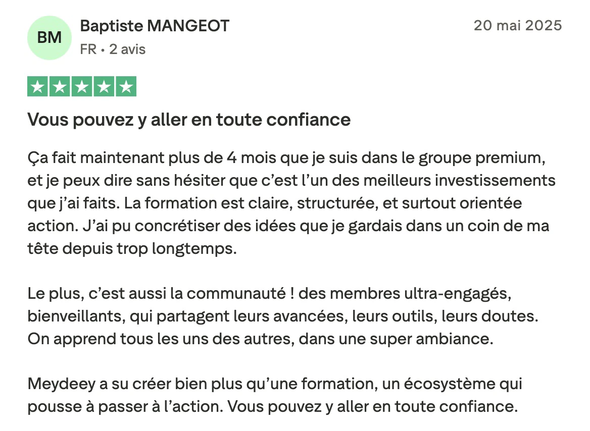 Avis Trustpilot de Baptiste MANGEOT sur concrétiser ses idées au LABO IA