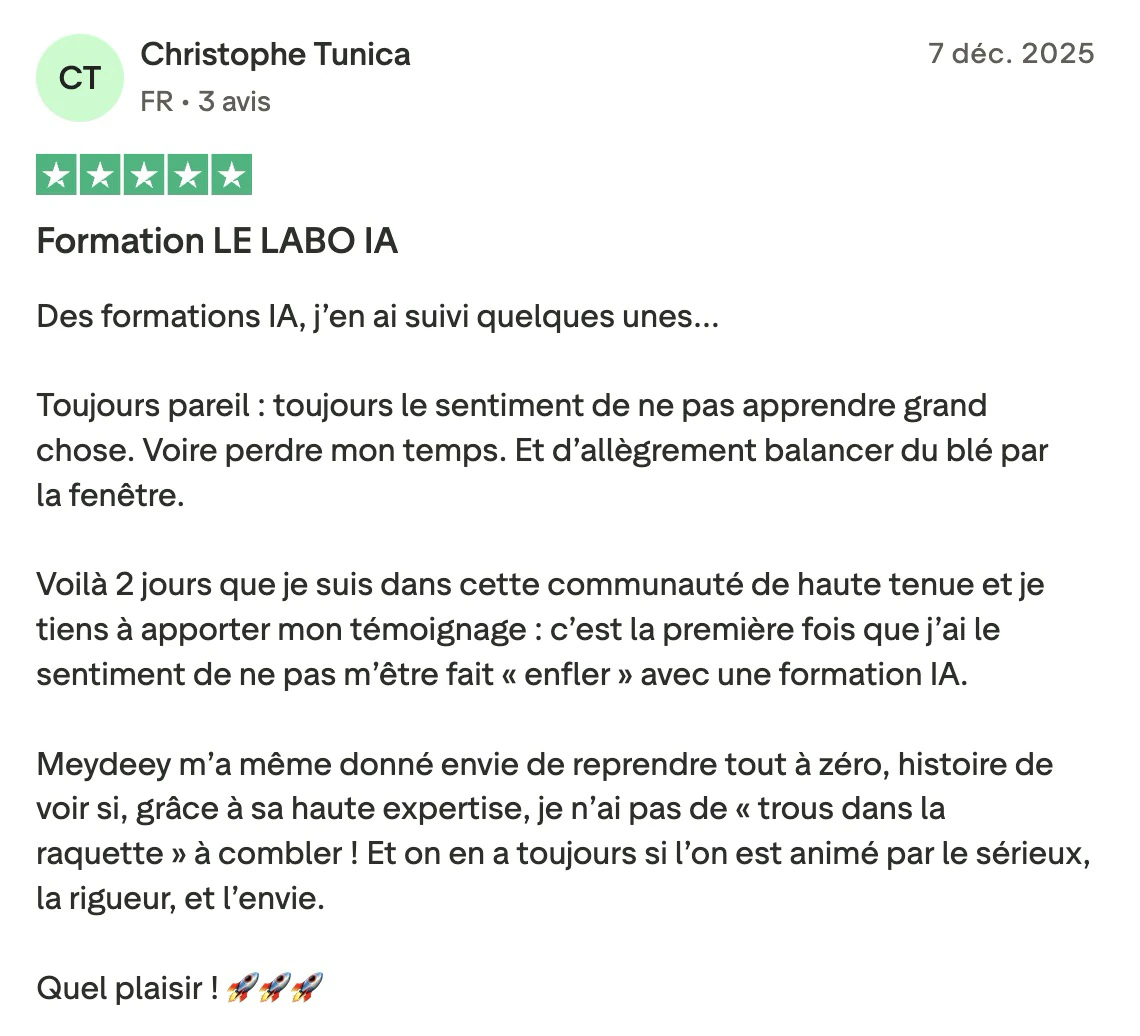 Avis Trustpilot de Christophe Tunica sur reprendre les bases au LABO IA