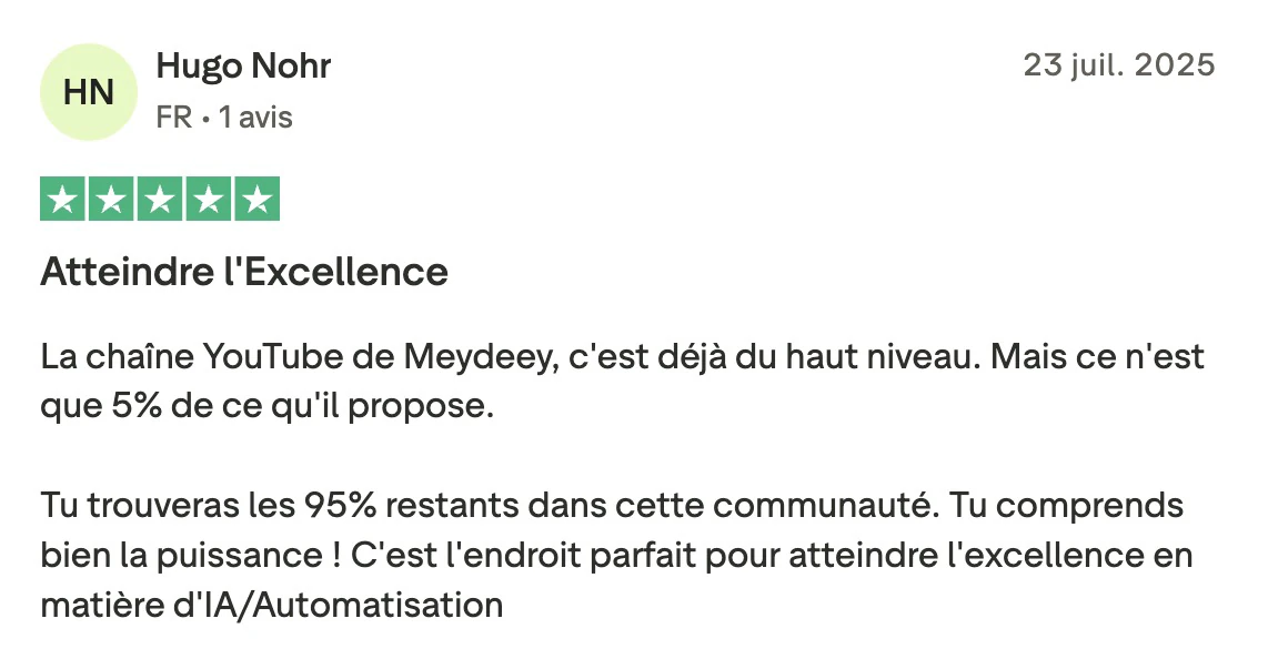 Avis Trustpilot de Hugo Nohr sur apprendre l’IA en communauté au LABO IA