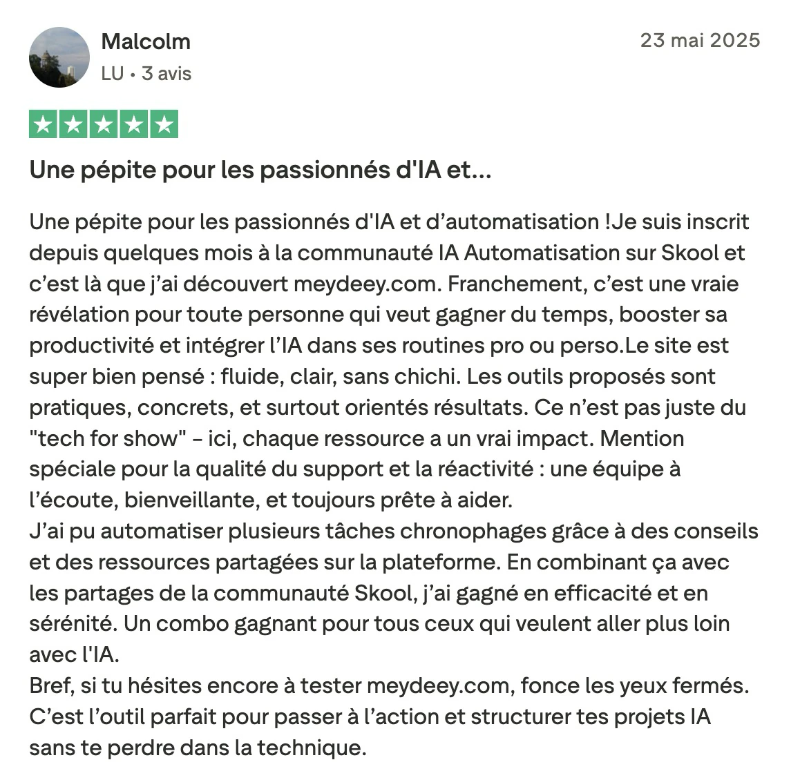 Avis Trustpilot de Malcolm sur automatiser son quotidien au LABO IA