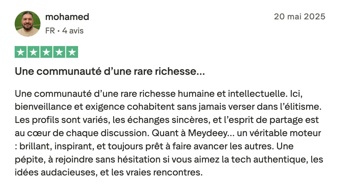 Avis Trustpilot de mohamed sur la diversité de la communauté au LABO IA