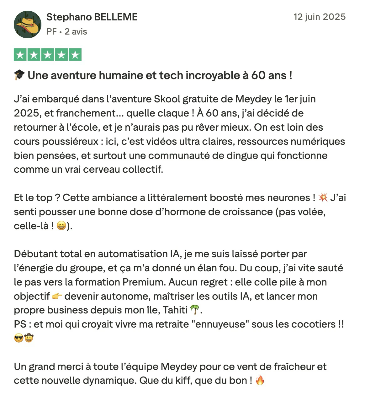Avis Trustpilot de Stephano BELLEME sur apprendre à 60 ans au LABO IA