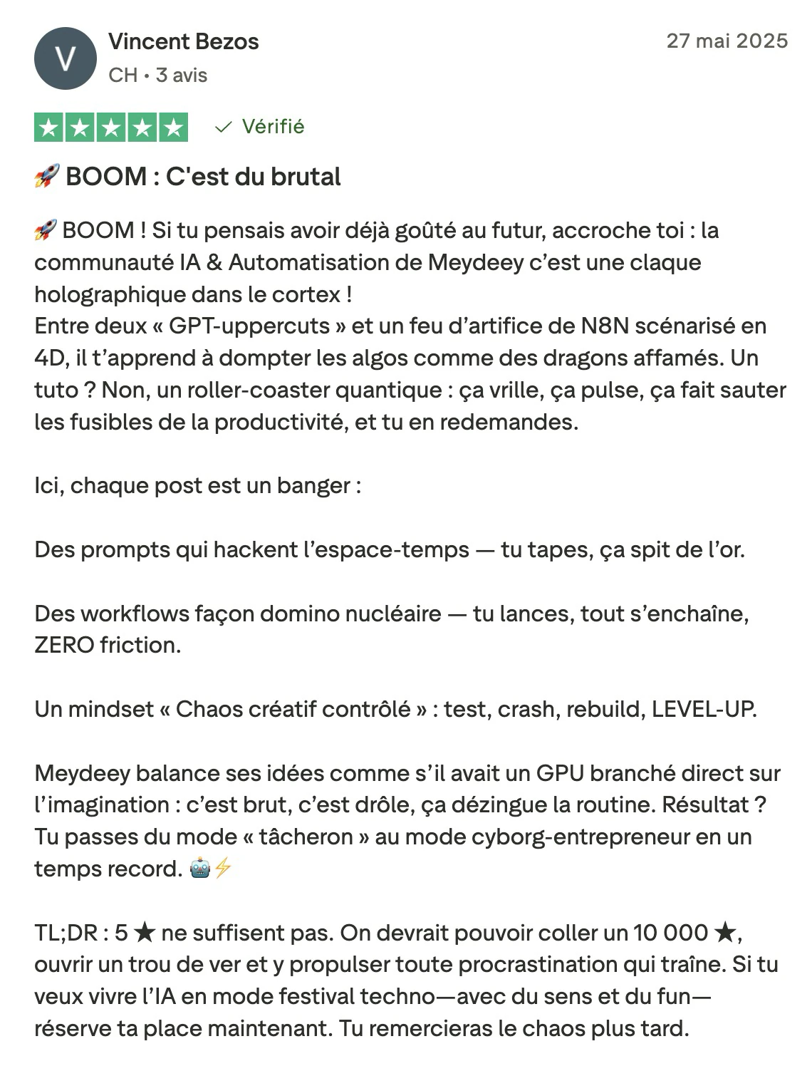 Avis Trustpilot de Vincent Bezos sur l’énergie de la communauté au LABO IA
