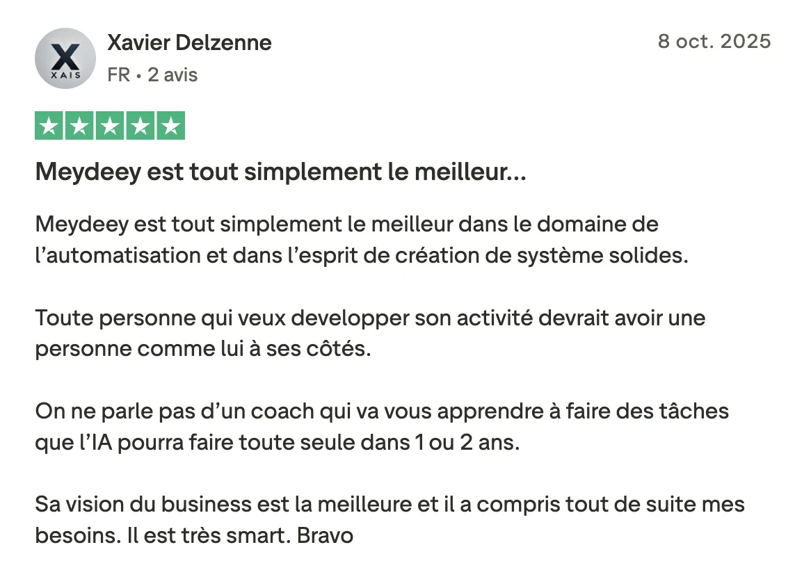 Avis Trustpilot de Xavier Delzenne sur créer des systèmes solides au LABO IA